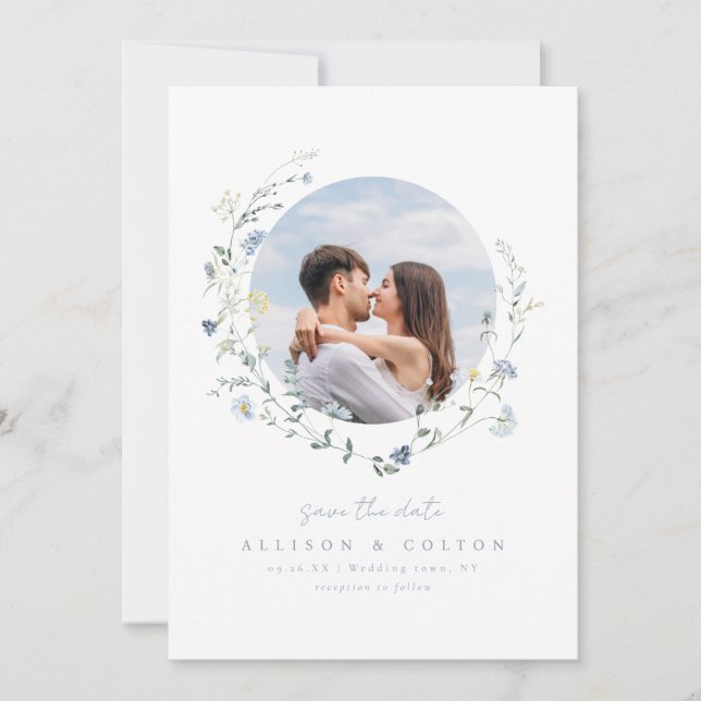 Reserva La Fecha Dusty Blue Wildflower Rustic Boho Couples foto (Anverso)