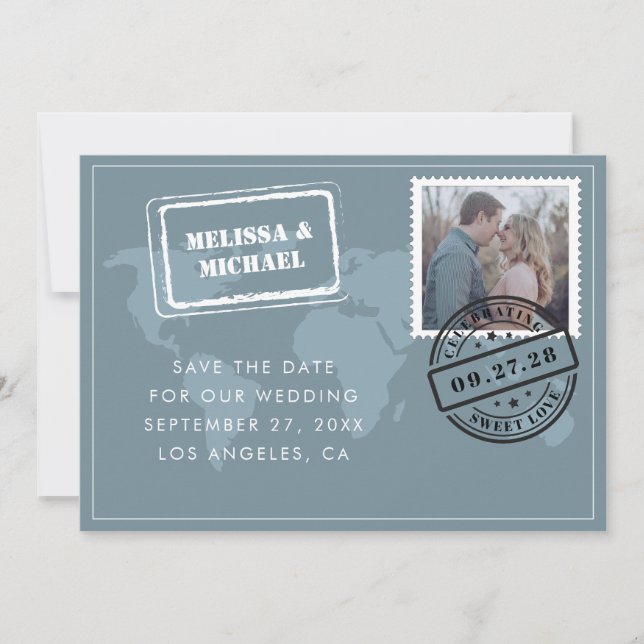 Reserva La Fecha Dusty Blue World Map Destination Wedding Photo (Anverso)