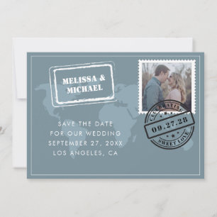 Reserva La Fecha Dusty Blue World Map Destination Wedding Photo