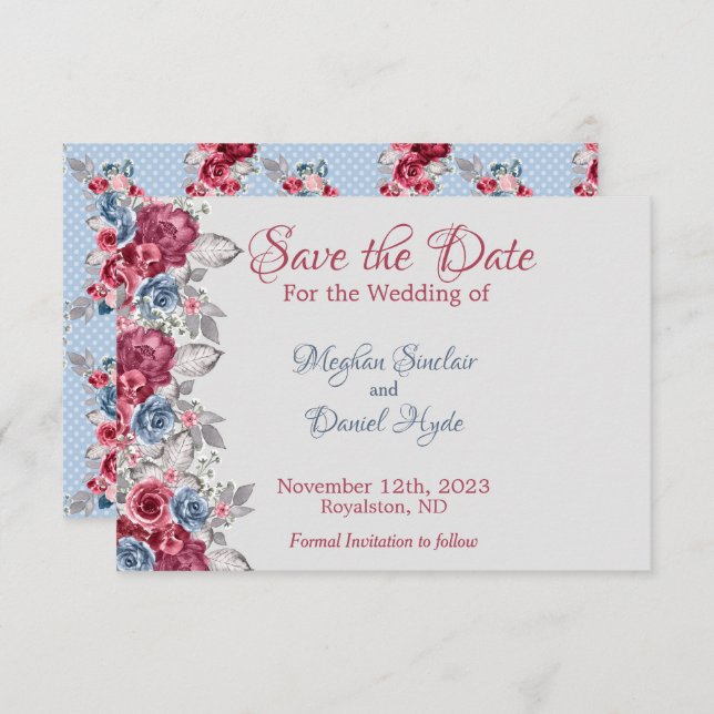 Reserva La Fecha Dusty Blue y Deep Burgundy Floral Save The Date (Anverso / Reverso)