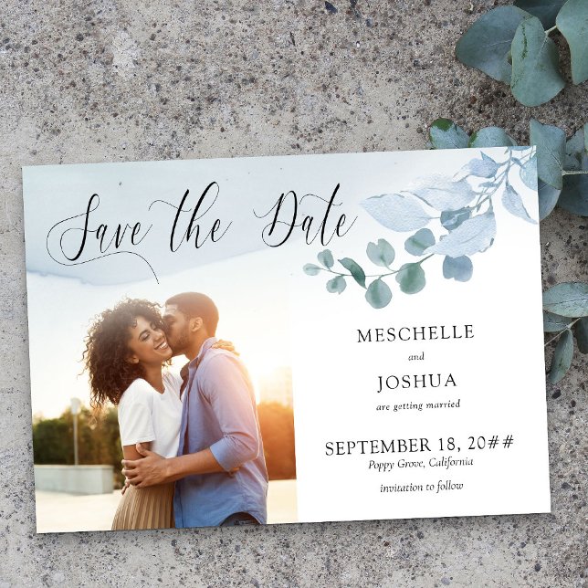 Reserva La Fecha Dusty Eucalyptus Boda Elegante Foliage Photo (Photo Save the Date from my Dusty Eucalyptus wedding collection)