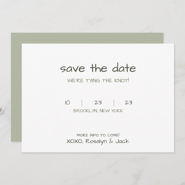 Reserva La Fecha Dusty Green Casual Handwriting Tirando El Nudo (Anverso / Reverso)