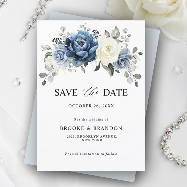 Reserva La Fecha Dusty Marina Azul Champagne Boda de marfil (Dusty blue ivory save the date card)