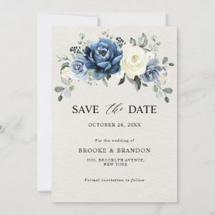 Reserva La Fecha Dusty Marina Azul Champagne Boda floral de marfil