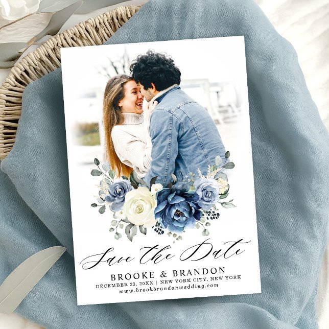 Reserva La Fecha Dusty Marina Azul Champagne Floral de marfil (Dusty Blue Navy Champagne Ivory Floral Save The Date)
