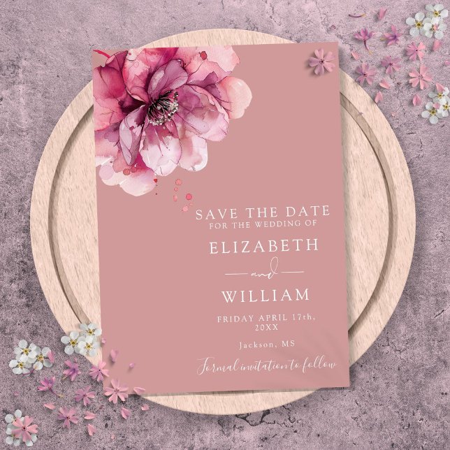 Reserva La Fecha Dusty Rosa Boda floral acuático moderno (Dusty Rose Modern Watercolor Floral Wedding Save The Date)