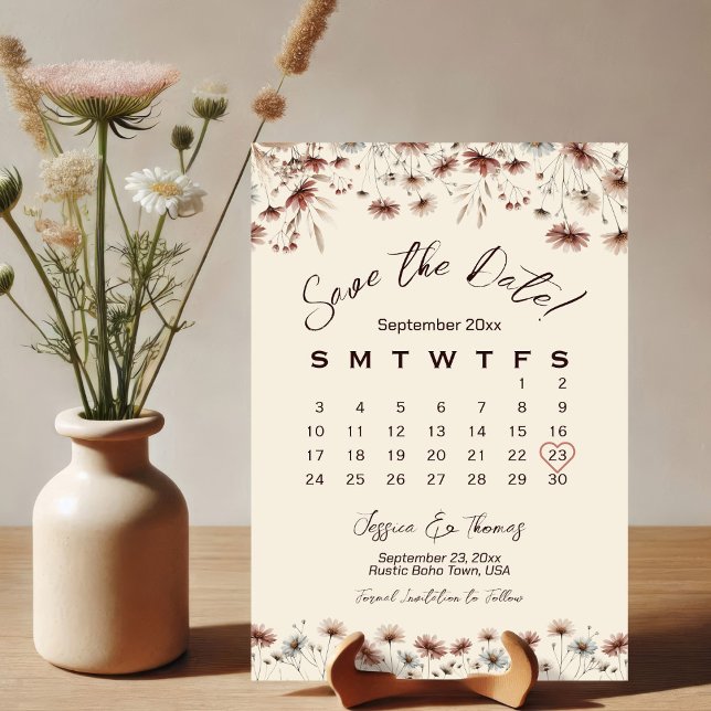 Reserva La Fecha Earthtone Boho Moda Wildflowers Boda Calendario (Subido por el creador)