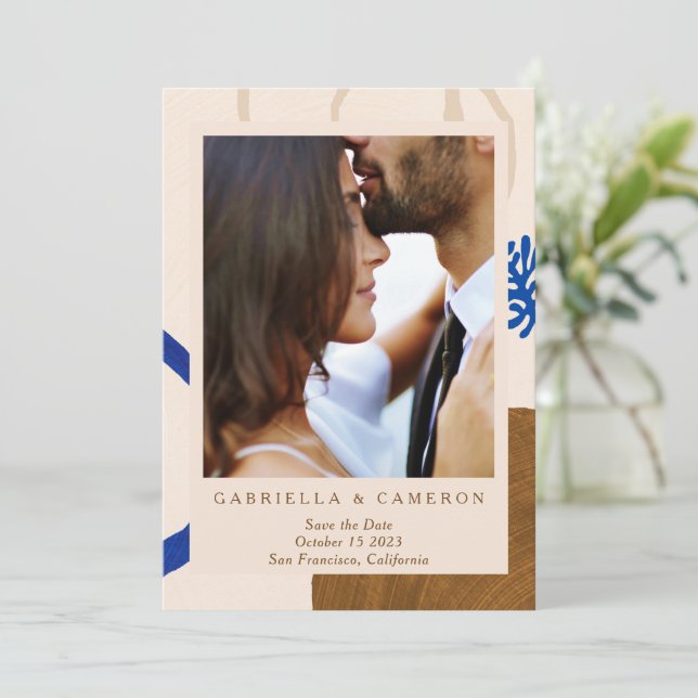 Reserva La Fecha Earthy Abstract Fall Neutral Blue Photo Boda (Anverso de pie)