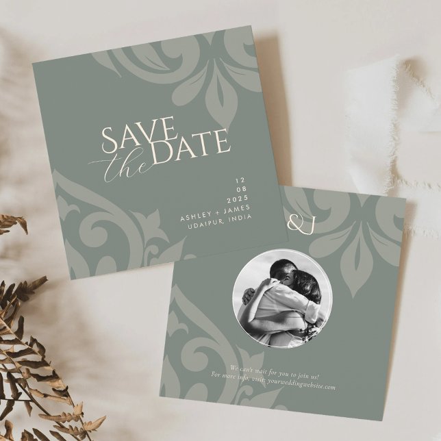 Reserva La Fecha Earthy Olive Damask Elegant Classic Photo Boda (Subido por el creador)
