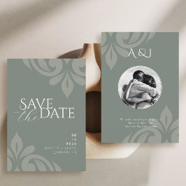 Reserva La Fecha Earthy Olive Script Damask Photo Boda