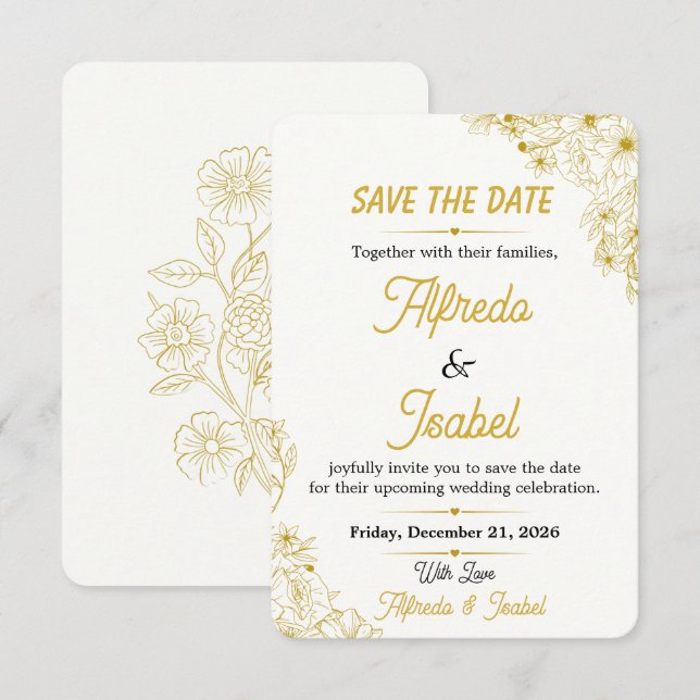 Reserva La Fecha Editable Save The Date Floral de Oro (Anverso / Reverso)