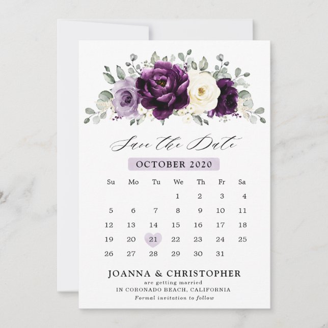 Reserva La Fecha Eggplant Purple Plum Marfil Calendario Floral Blan (Anverso)