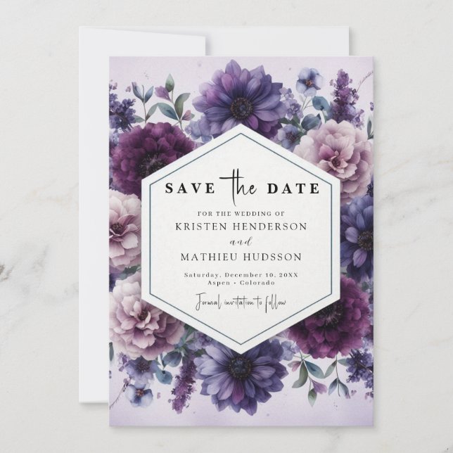 Reserva La Fecha El Boda botánico digital morado floral (Anverso)