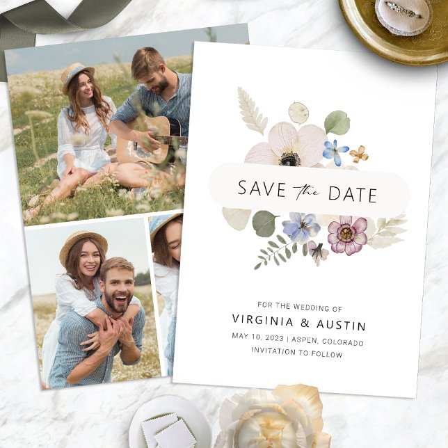 Reserva La Fecha El Boho moderno salva la fecha (Modern Floral Boho Save The Date back Photos by Painted Paperie
)