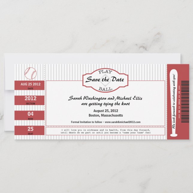 Reserva La Fecha El boleto de béisbol salva la fecha (Anverso)
