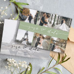 Reserva La Fecha El Collage de fotos moderno salva el color verde d<br><div class="desc">Elige las mejores fotos de tu sesión o de tus fotos favoritas de los dos para guardar la fecha. Las palabras que guardan la fecha están escritas a mano para darle un toque personal a la tarjeta. La parte frontal tiene 6 imágenes y la parte posterior tiene una imagen grande...</div>