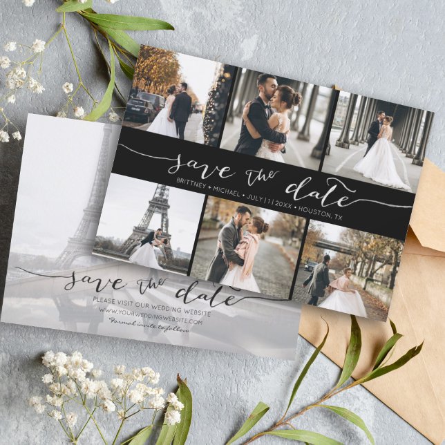 Reserva La Fecha El Collage de fotos moderno salva la fecha negro (Modern Save the Date card featuring 6 photos and a hand lettered font for a minimalistic design.)