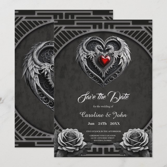 Reserva La Fecha El corazón plateado con las alas. (Anverso / Reverso)