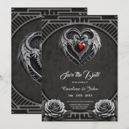 Reserva La Fecha El corazón plateado con las alas.