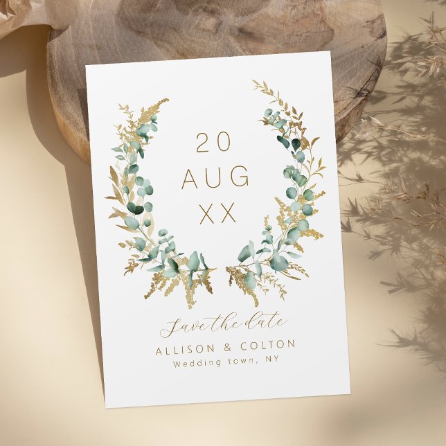 Reserva La Fecha El eucalipto rústico de la vegetación dorada boho  (Rustic eucalyptus gold greenery boho save the date)