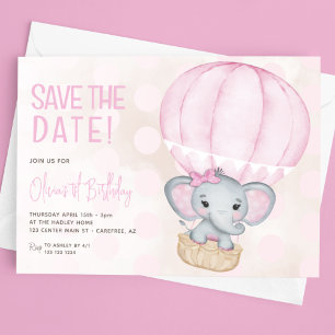 Reserva La Fecha El globo de elefante rosado lindo, primer cumpleañ