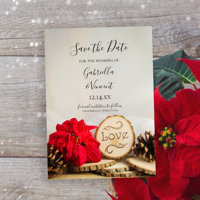 Reserva La Fecha El invierno rústico de Poinsettia Woodland salva l (Perfect inspo for your rustic winter wedding ceremony and reception.)