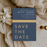 Reserva La Fecha El oro azul de la marina salva el oro elegante de<br><div class="desc">Boda Elegante Marina Azul y Oro Salven las Tarjetas de Fecha. Las tarjetas Save the Date contienen una moderna tipografía de escritura cursiva con letras a mano que son elegantes,  simples y modernas para usar después de la minimalista celebración del día de la boda.</div>