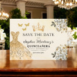 Reserva La Fecha El oro floral salva la fecha cumpleaños Quinceaner<br><div class="desc">Anuncie su día especial con la tarjeta Floral Gold Save the Date Quinceañera. Este elegante diseño presenta lujosos acentos florales dorados que exudan sofisticación y encanto. Perfecto para marcar el tono de su próxima quinceañera, este ahorra la fecha combina un toque de belleza real con elegancia intemporal. Los delicados detalles...</div>