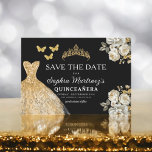 Reserva La Fecha El oro floral salva la fecha cumpleaños Quinceaner<br><div class="desc">Anuncie su día especial con la tarjeta Floral Gold Save the Date Quinceañera. Este elegante diseño presenta lujosos acentos florales dorados que exudan sofisticación y encanto. Perfecto para marcar el tono de su próxima quinceañera, este ahorra la fecha combina un toque de belleza real con elegancia intemporal. Los delicados detalles...</div>