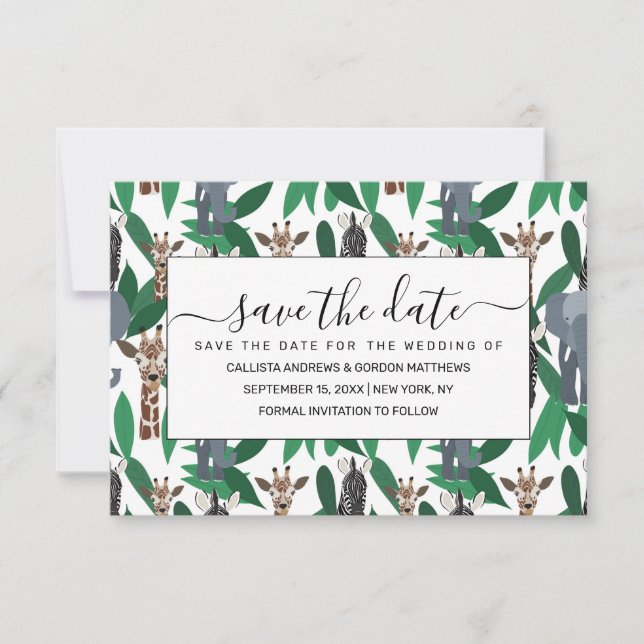 Reserva La Fecha Elefante de cebra jungla jirafa Safari Animales (Anverso)