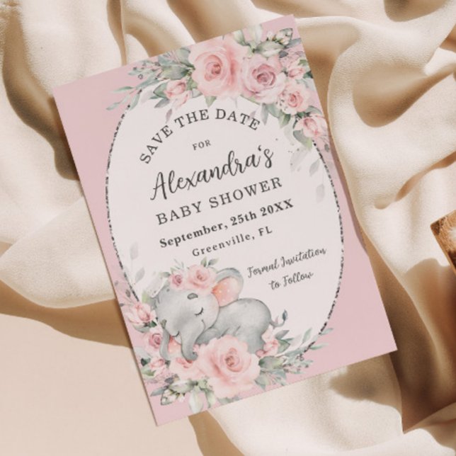 Reserva La Fecha Elefante Dulce Dormido Baby Shower Floral Rosa (Subido por el creador)