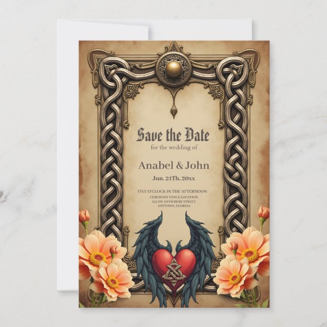 Reserva La Fecha Elegancia celta con corazón y alas. (Anverso)