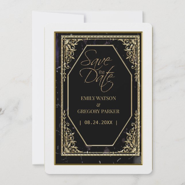 Reserva La Fecha Elegancia pura en negro y dorado ,  (Anverso)