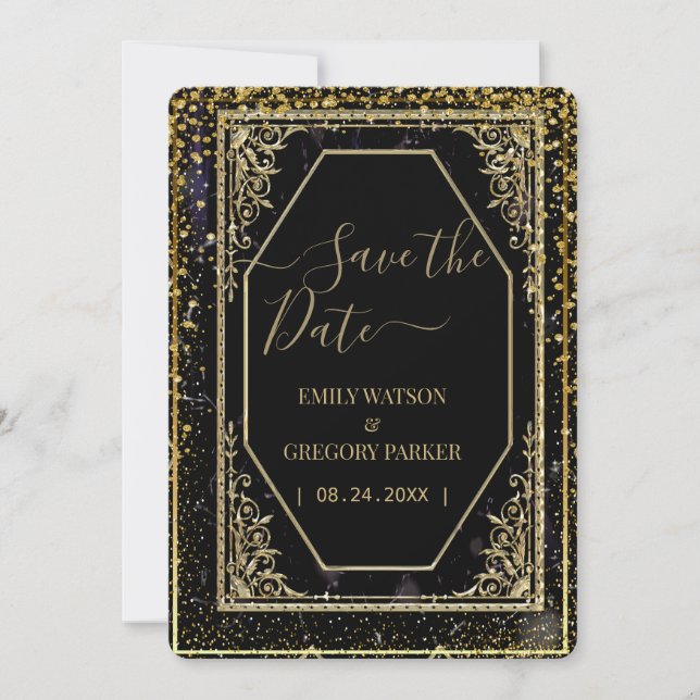 Reserva La Fecha Elegancia pura en negro y oro, (Anverso)