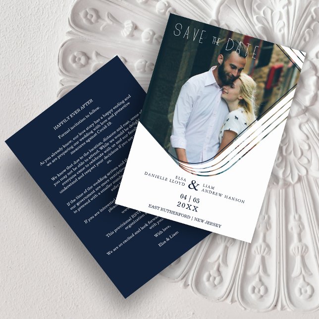Reserva La Fecha Elegant Abstract Navy Photo Sophisticated Wedding (Elegant Abstract Navy Blue Photo Sophisticated Downloadable Wedding Save the Date Card. )