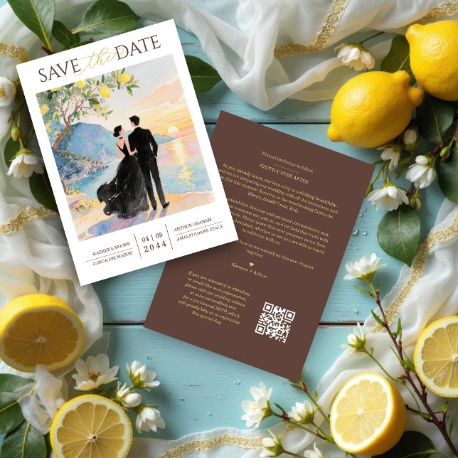 Reserva La Fecha Elegant Amalfi Coast Lemon Tree Wedding Couple (Elegant Amalfi Coast Lemon Tree Chic Wedding Couple Save the Date Cards with Back QR Code.)