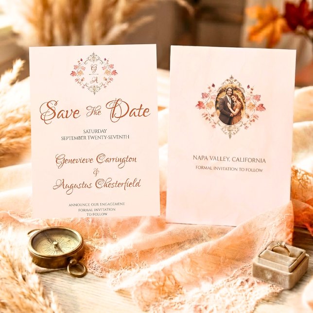 Reserva La Fecha Elegant Autumn Leaves Engagement Photo Wedding  (Subido por el creador)