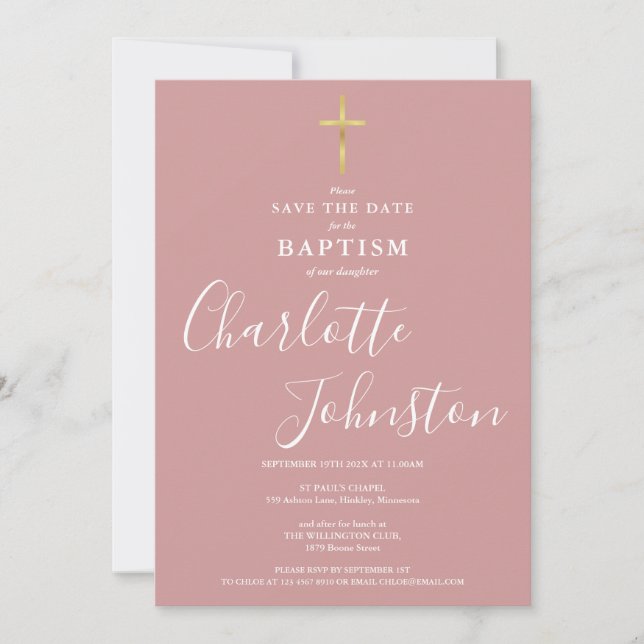 Reserva La Fecha Elegant Baptism Christening Dusty Rose Pink (Anverso)