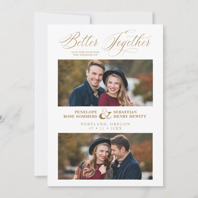 Reserva La Fecha Elegant Better Together Quote 2 Photos Wedding  (Anverso)