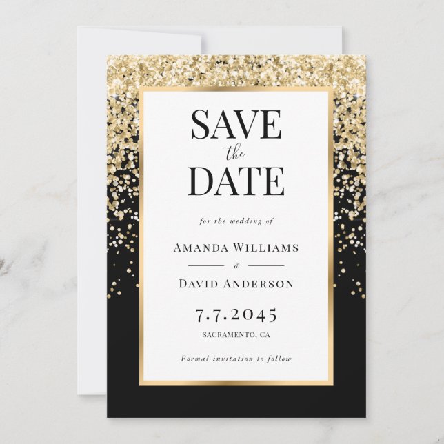 Reserva La Fecha Elegant Black and Gold Confetti Wedding (Anverso)