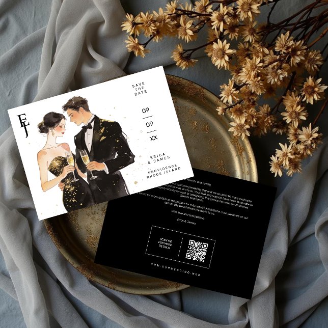 Reserva La Fecha Elegant Black & Gold Couple Illustration (Chic Black & Gold Couple Illustration Wedding Save the Date Card with Initials and Back QR Code.)