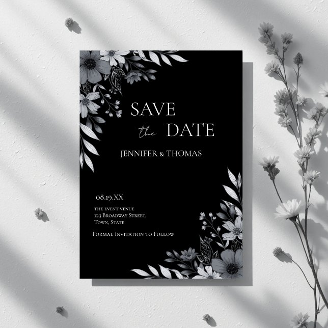 Reserva La Fecha Elegant Black & White Floral Hand-Drawn Wedding (Elegant Black & White Floral Hand-Drawn Wedding Save The Date)