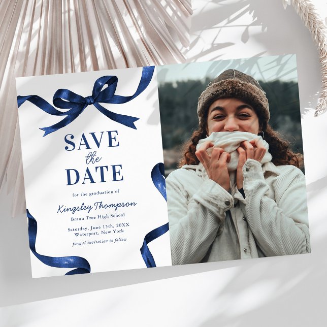 Reserva La Fecha Elegant Blue Bow Graduation Save the Date (Subido por el creador)