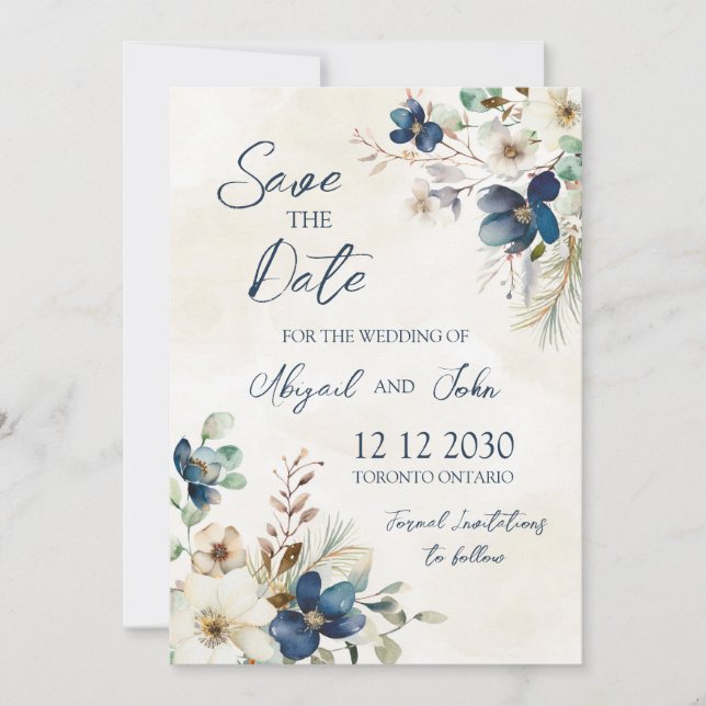 Reserva La Fecha Elegant Blue Flora Winter Save the Date Card (Anverso)