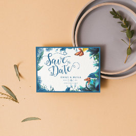 Reserva La Fecha Elegant Blue Green Botanical Butterfly Wedding