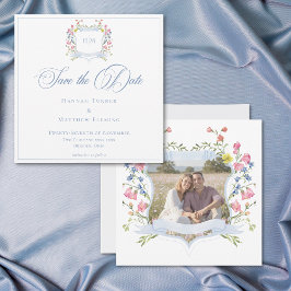 Reserva La Fecha Elegant Blue Pastel Wildflower Crest Wedding Photo