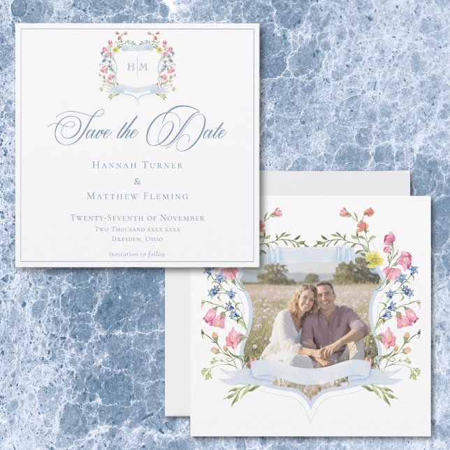 Reserva La Fecha Elegant Blue Pastel Wildflower Crest Wedding Photo (Elegant Blue Pastel Wildflower Crest Wedding Photo Save The Date)
