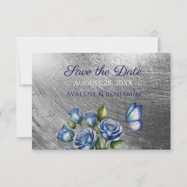 Reserva La Fecha Elegant Blue Roses Butterfly Silver Wedding (Anverso)