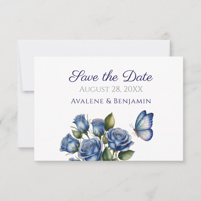 Reserva La Fecha Elegant Blue Roses Butterfly Silver Wedding (Anverso)
