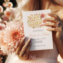 Reserva La Fecha Elegant Blush Dahlias Golden Script Wedding Photo